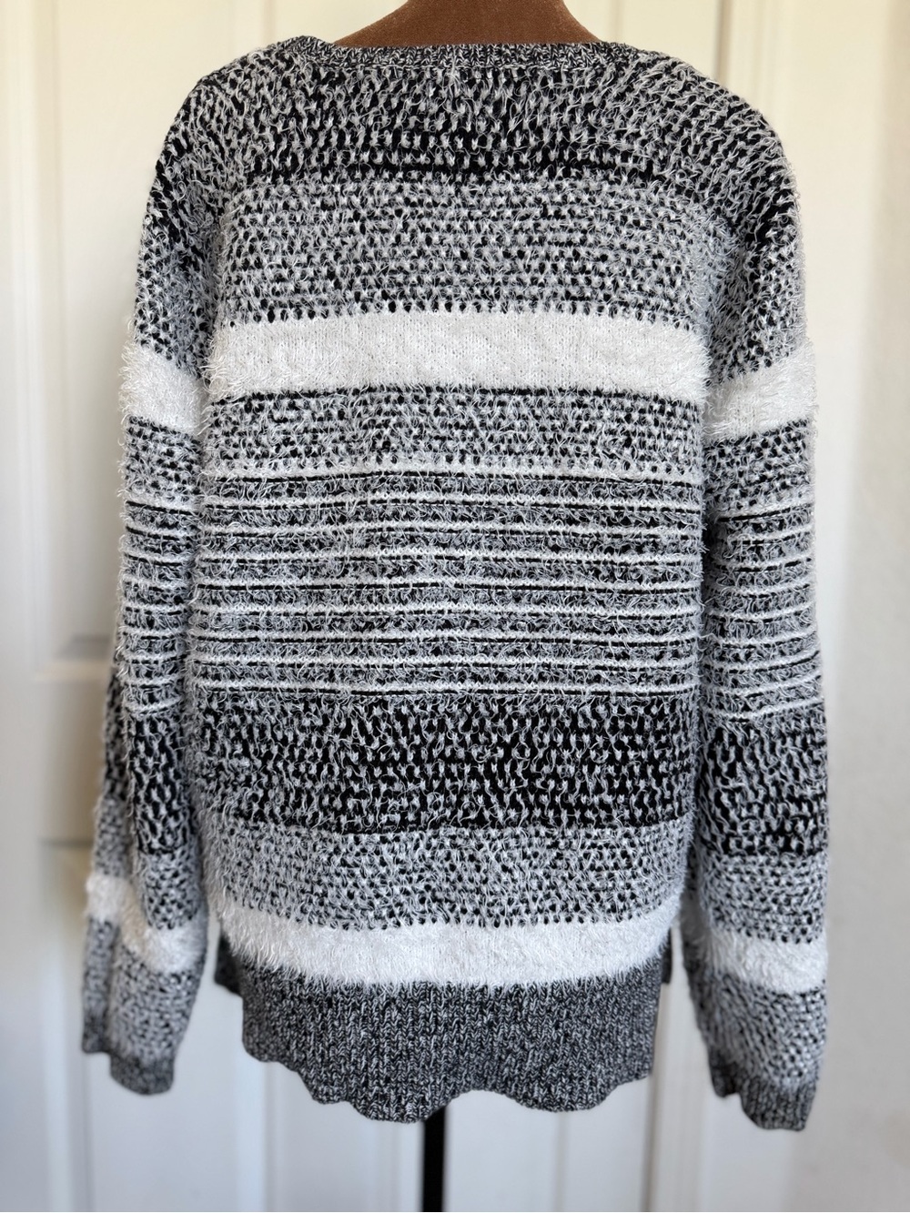 Style & Co. Fuzzy Striped Crewneck Sweater - Black & White - Picture 2 of 8
